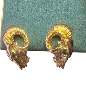 KJL For AVON Clip On Golden Ram Head Earrings with Green Crystal Eyes